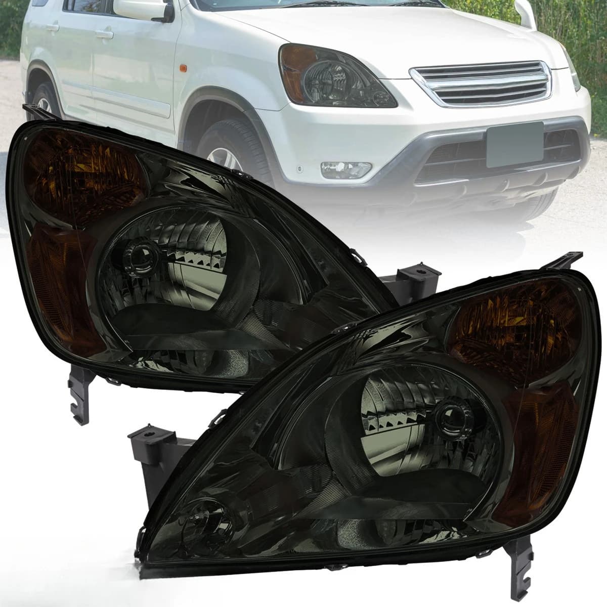 Smoke Headlights Fits 2002-2004 Honda CR-V Replacement Head Lamps Left + Right