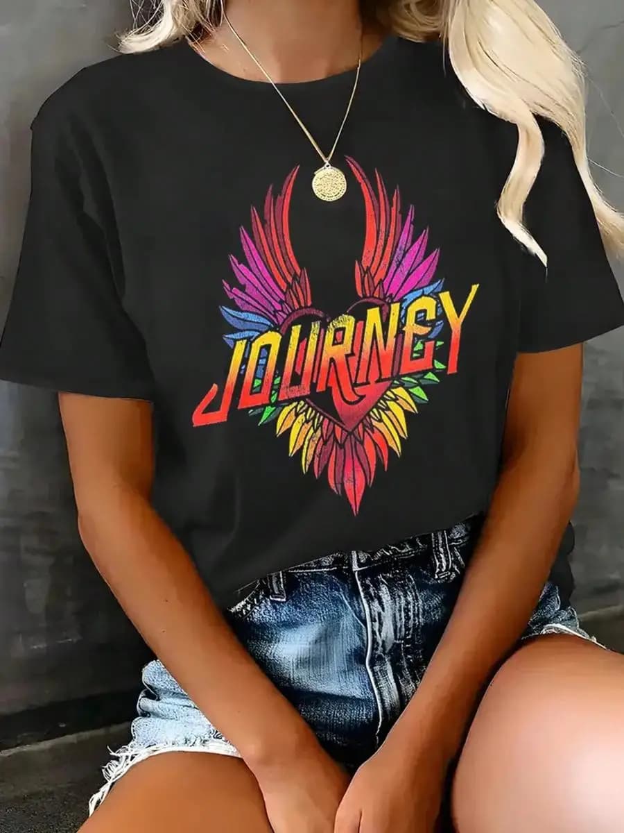 100% Cotton Journey Rock Band Graphic Tee, 100% Crew Neck T-Shirt With Vibrant Winged Guitar Design, Casual Short Sleeve Knit Fabric Top For Summ
