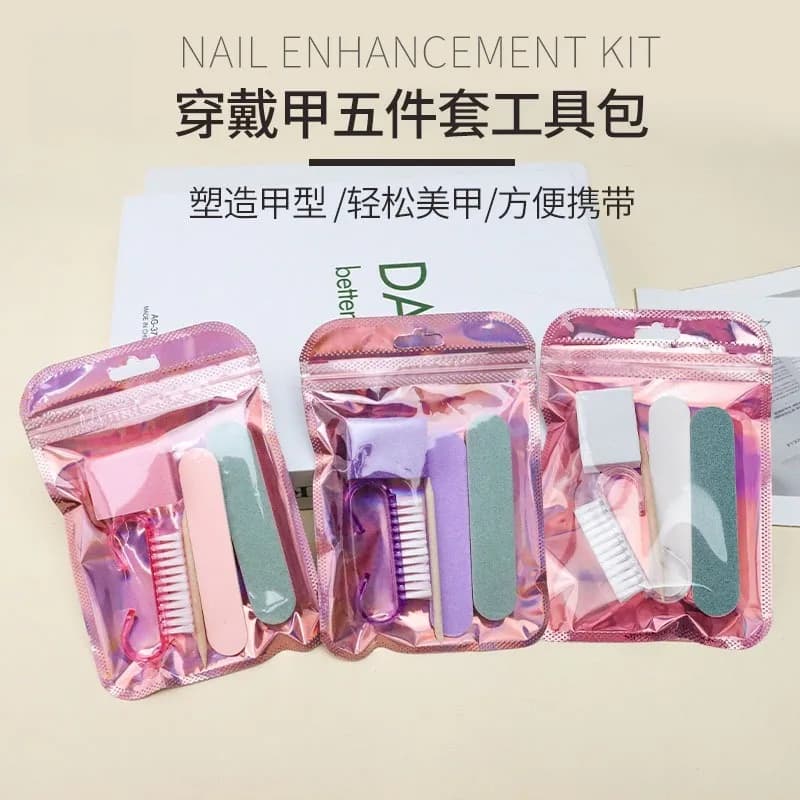 Kit per Unghie Finte con Lima in Legno, Striscia Lucidante, Bastoncino in Legno, Spazzola in Corno, Spugna a Forma di Tofu - Set da 5 Pezzi