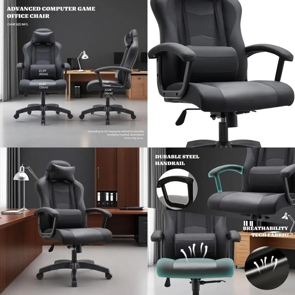 Sedia ergonomica da gioco e da ufficio grande e alta con supporto lombare regolabile per adulti, bambini e stanze di studio - Pelle nera