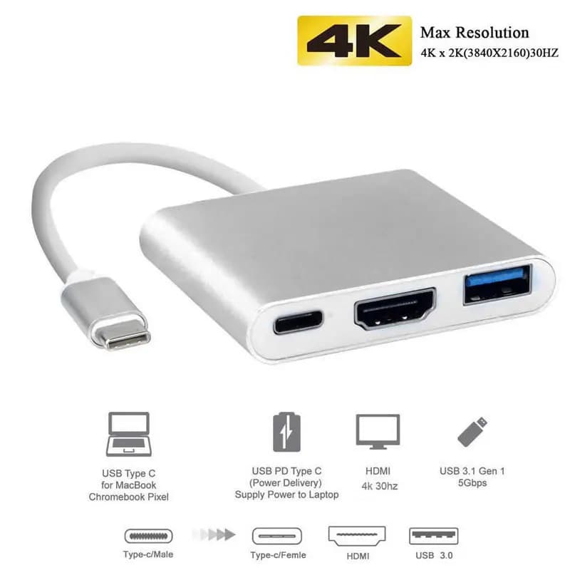 Hub USB-C 3 in 1: tipo C 3 pollici 1 PD100W+HDMI(4K/30Hz)+USB3.0