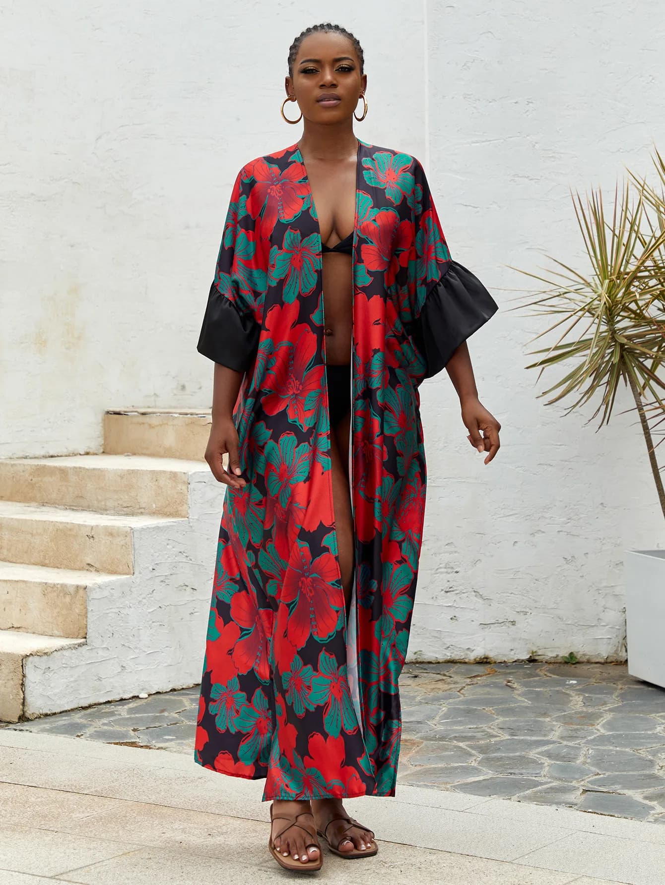 Cardigan estivo da donna in raso leggero aperto davanti lungo Kimono costume da bagno Cover up abito di seta Plus Size