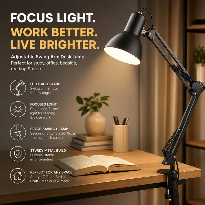 Adjustable Desk Lamp Foldable Metal Arm LED Eye Care Reading Light Clamp Base for Study Nail Art Bedroom Office Home Desk Lamp