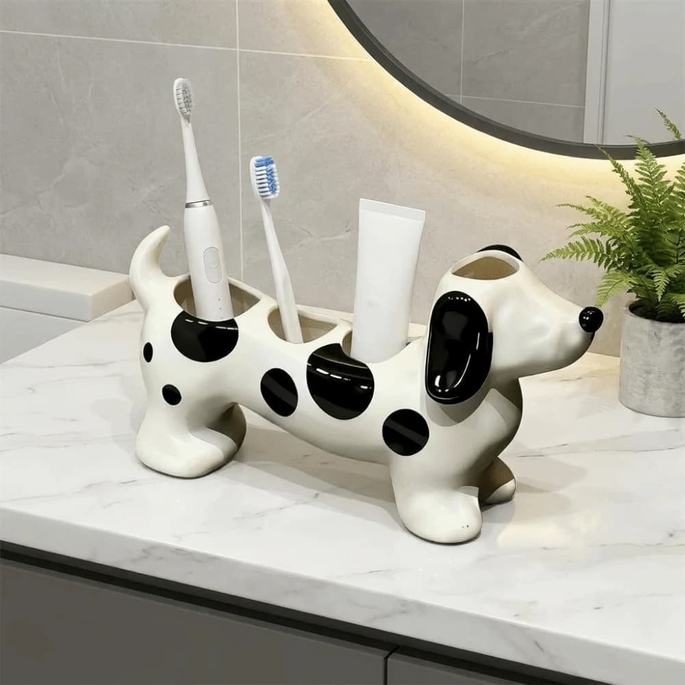 Ceramic Dachshund Toothbrush Holder 4 Slots Cute Electric Toothbrush Stand Decorative Space Saving Dog Shaped Toothbrush Holder