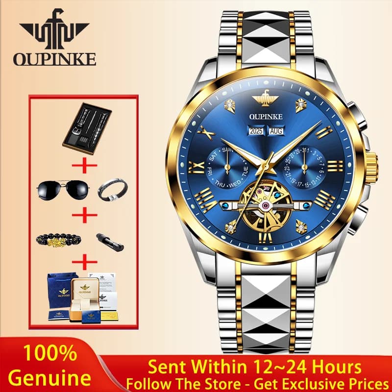 OUPINKE Orologio da Uomo di Lusso, Automatico Meccanico Scheletrato, Impermeabile con Vetro Zaffiro, Acciaio al Tungsteno, Marca di Prestigio, Reloj Hombre 3240