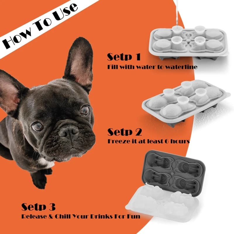 Stampo per cubetti di ghiaccio Bulldog francese, 4 fori forme divertenti Frenchie Bull Dog vassoio per cubetti di ghiaccio per whisky, Cocktail,Bourbon