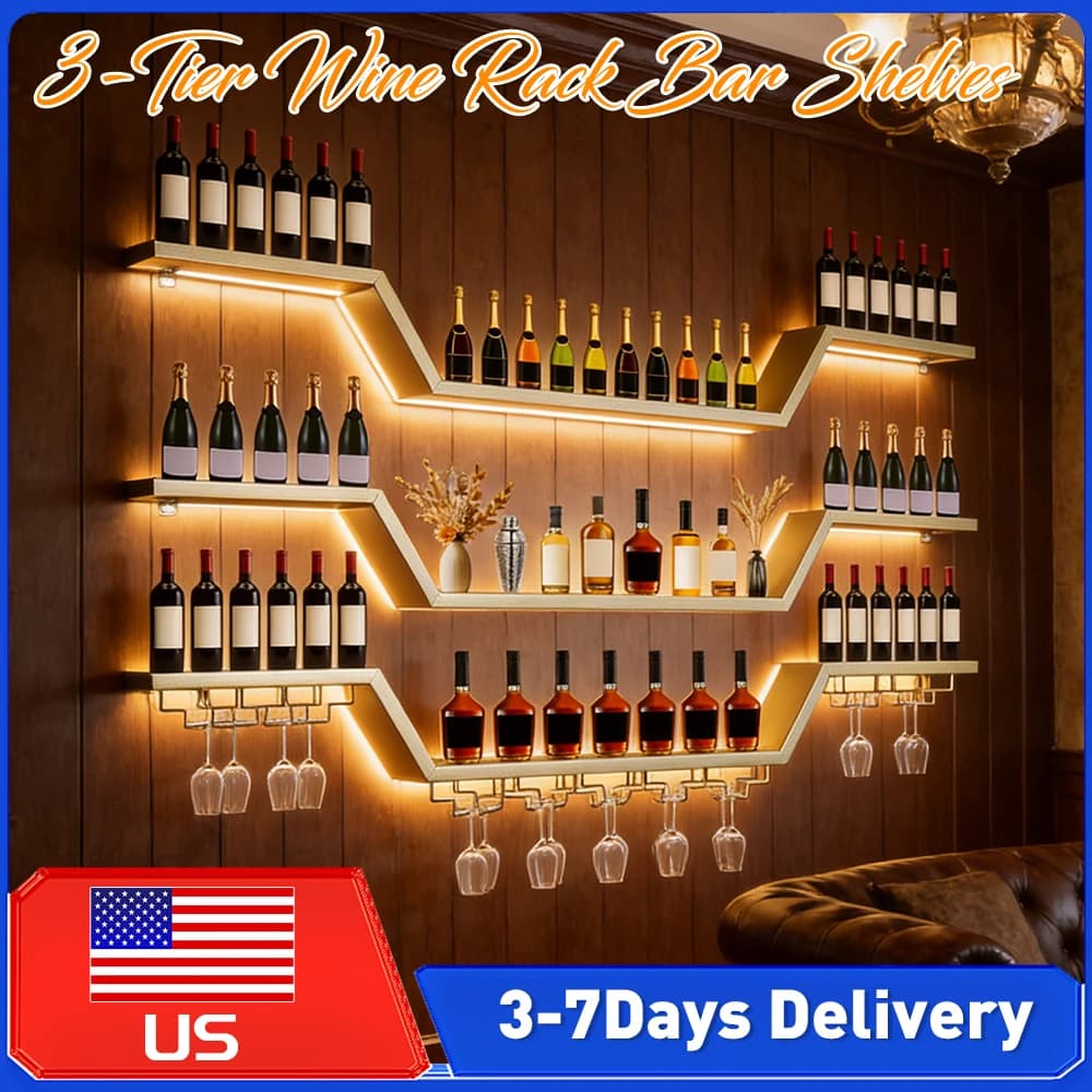 Mobile Bar a 3 Ripiani 47/55 Pollici con Luce LED, Portabicchieri, Scaffale Angolare per Liquori, per Cucina, Caffetteria, Accessori Bar