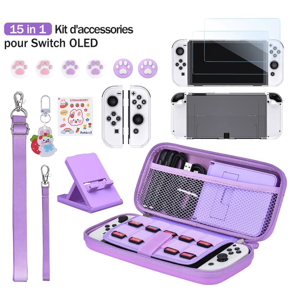 15 in 1 Switch OLED Storage Kit Switch Case e Thumb Caps borsa da viaggio impermeabile portatile per Switch Console e J-Con (viola)