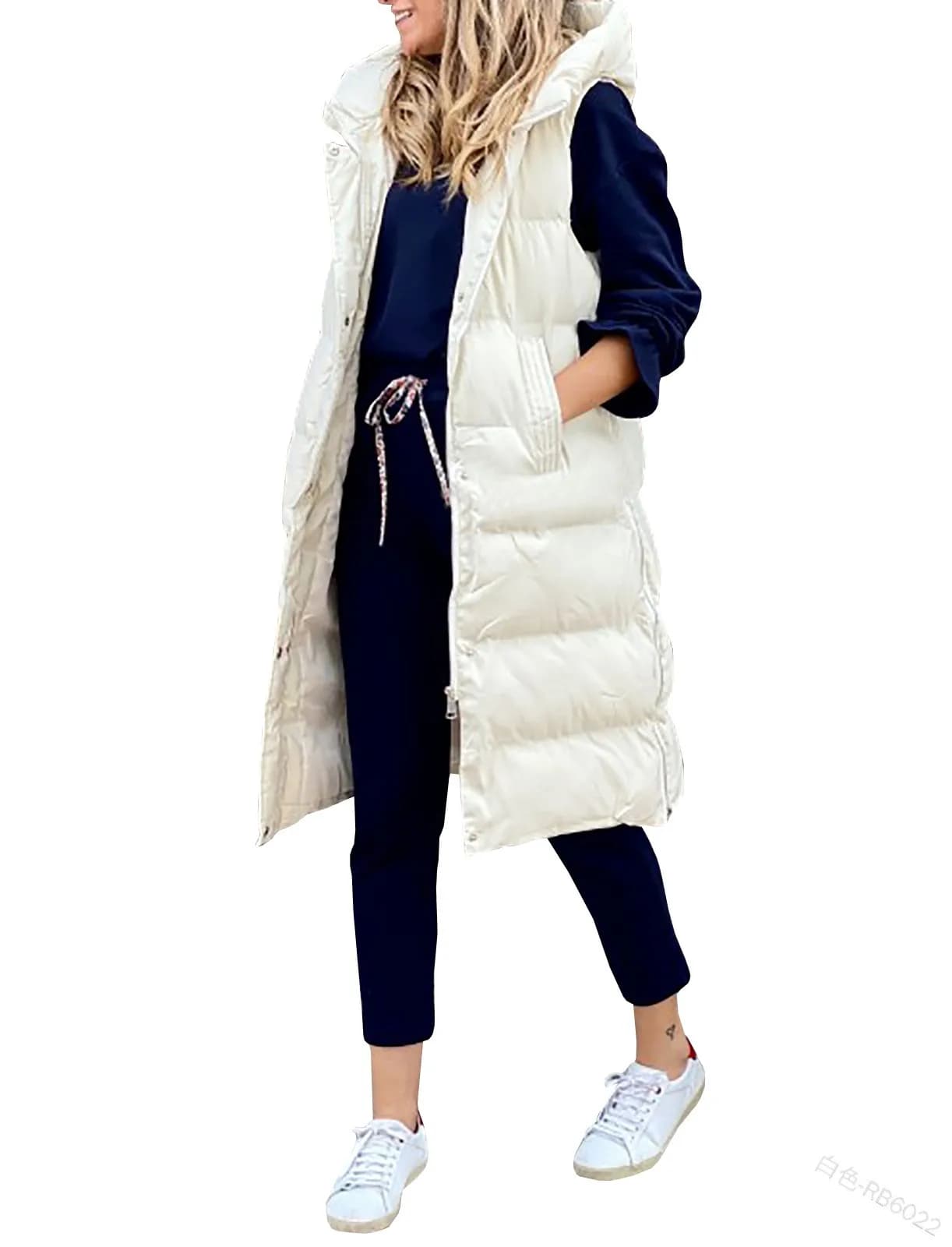 Cappotto lungo da donna con cappuccio Autunno Inverno senza maniche caldo piumino in cotone gilet gilet trapuntato piumino capispalla 5XL
