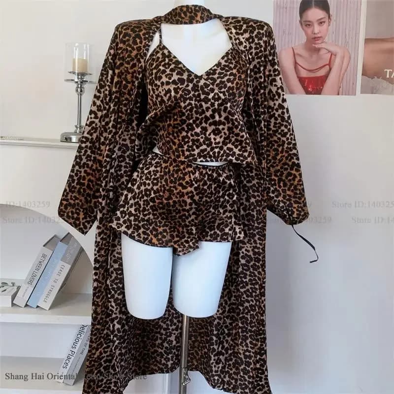 Summer New Long Robe Pajamas Set Loungewear Sexy Leopard Strap Top&shorts Women's Lingerie Sets Silky Satin Homewear Loungewear
