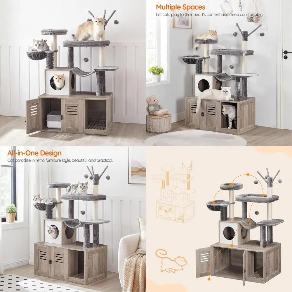 Grande lettiera chiusa per gatti, contenitore per lettiera 30,7, torre moderna con tiragraffi, amaca, bastoncini teaser, grigio BG28