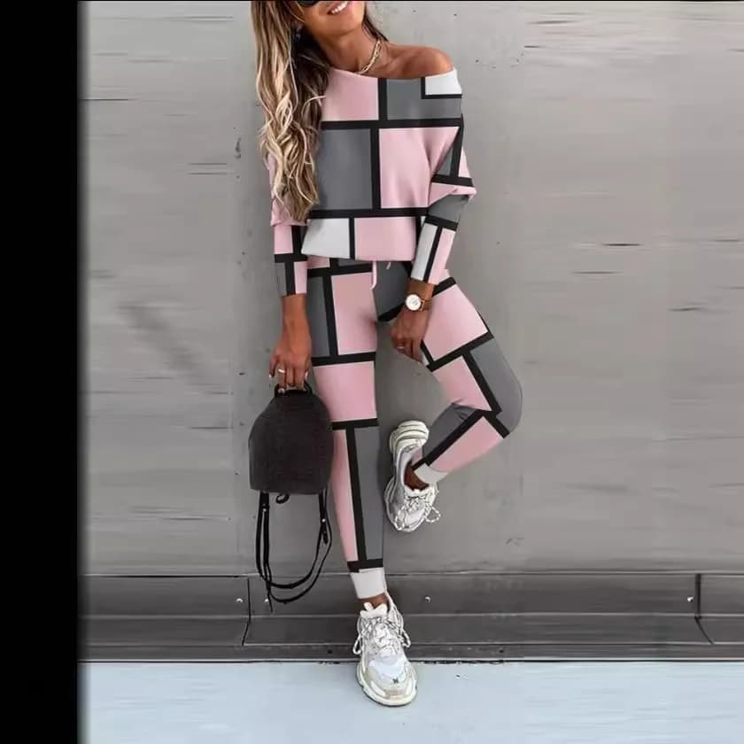 Women's 2pcs Set Casual Geometric Print Long Sleeve Tracksuit Two Piece Suit Sets Fashion Lace-up Pencil Pant Sporty Sets Female