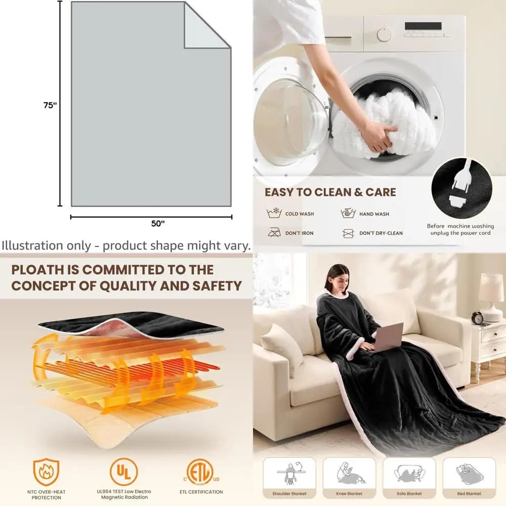 Scialle coperta riscaldato elettrico con 10 livelli di temperatura e tempi di riscaldamento regolabili, felpa con cappuccio Sherpa nera 50x75