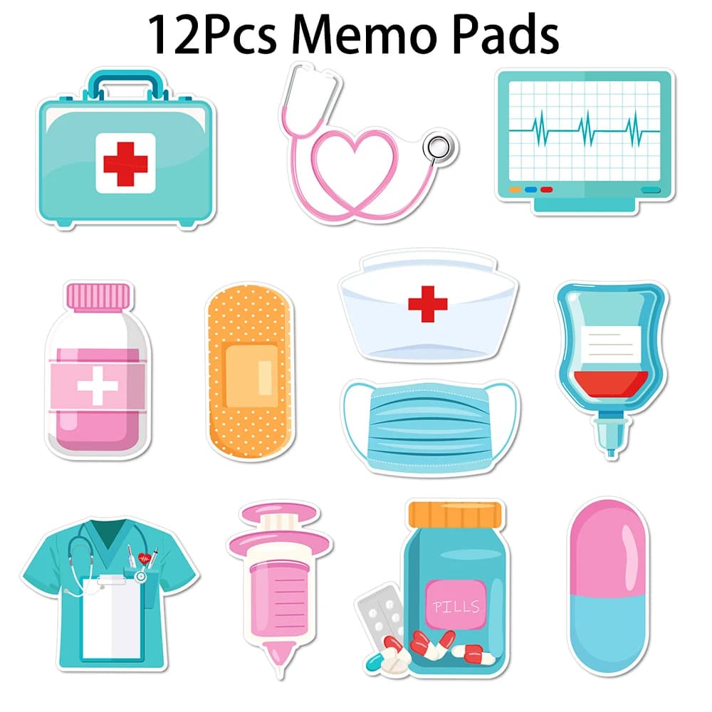 Set da 12 Blocchetti Memo a Tema Festa dell'Infermiera, Note Adesive a Forma di Pillola e Stetoscopio per Decorazioni e Gadget per Feste a Tema Medico-Infermieristico