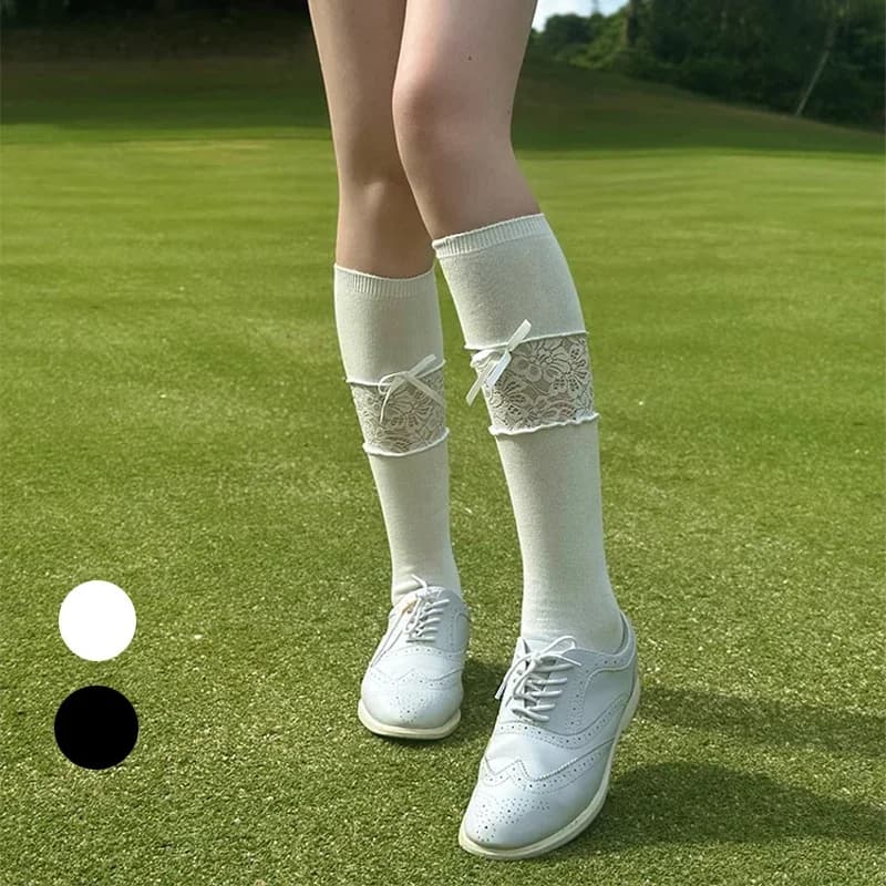 New Cute Golf Socks Women's Lace Bow Splicing Socks Knee High Stockings Sunshade Sun Protection Tennis Sports Long Socks