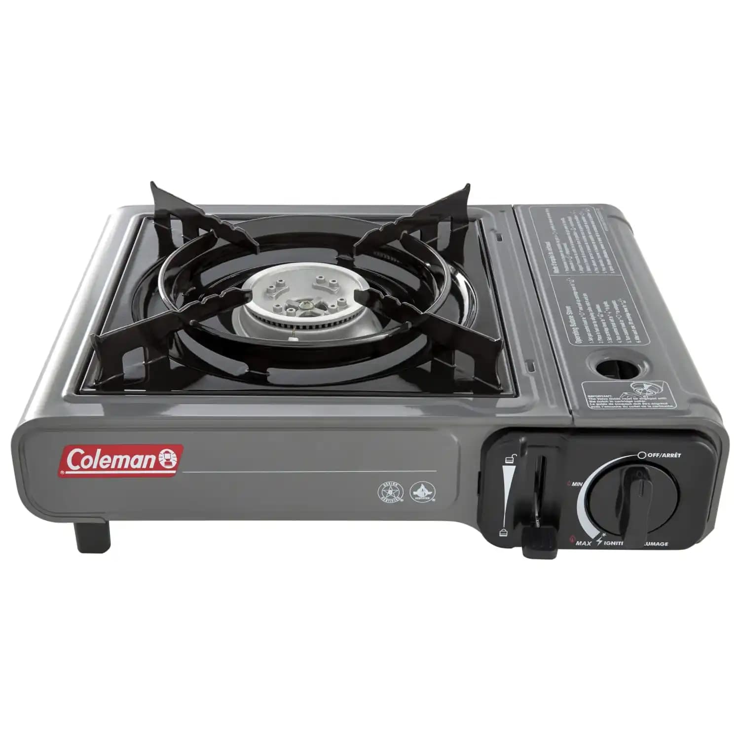 Portable butane gas camping stove with single burner for tabletop use in gray color