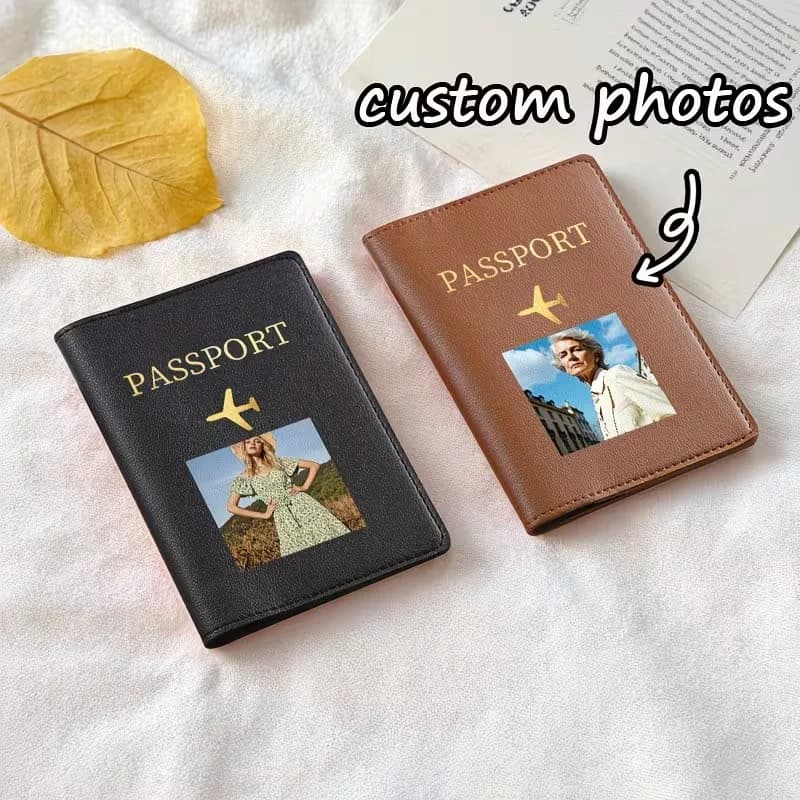 Custom Pet Cat Image Photo - Personalized Passport Holder with Airplane Design, Travel Wallet with Card Slot - Unique Gift