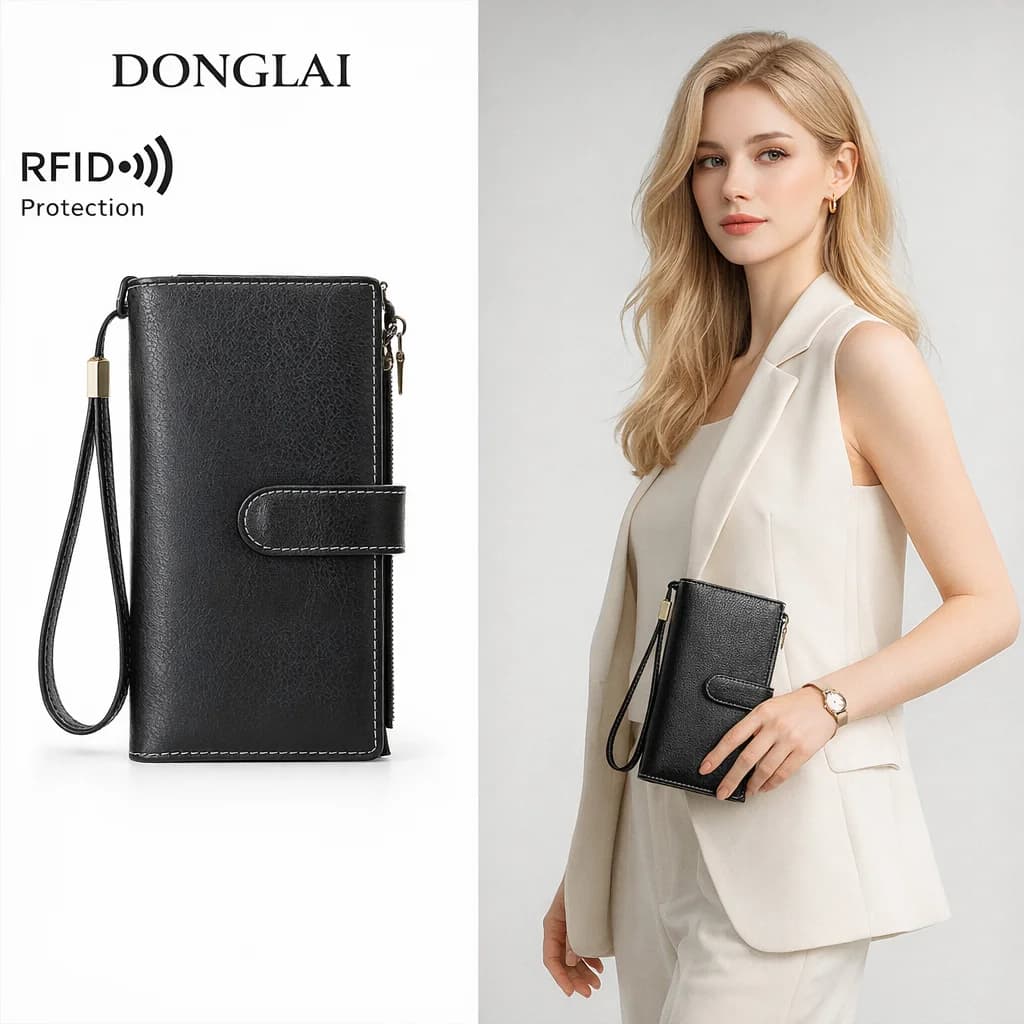 Portafoglio Vintage da Donna con Blocco RFID, Pochette Trifold con Doppia Cerniera e Portacarte da Polso