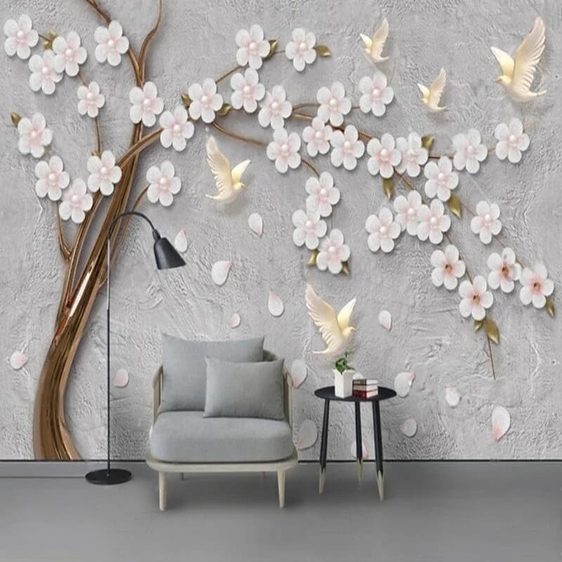 Modern and elegant background walls with embossed white flowers and custom birds for TV, luxurious home decoration