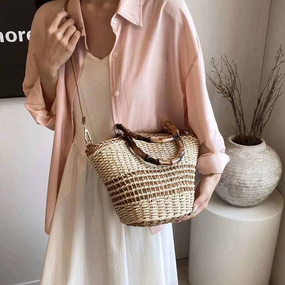 Handmade Sweet Weave Straw Bag Large Capacity Casual Bucket Shoulder Bag Summer Streetwear Woman Handbag Lady