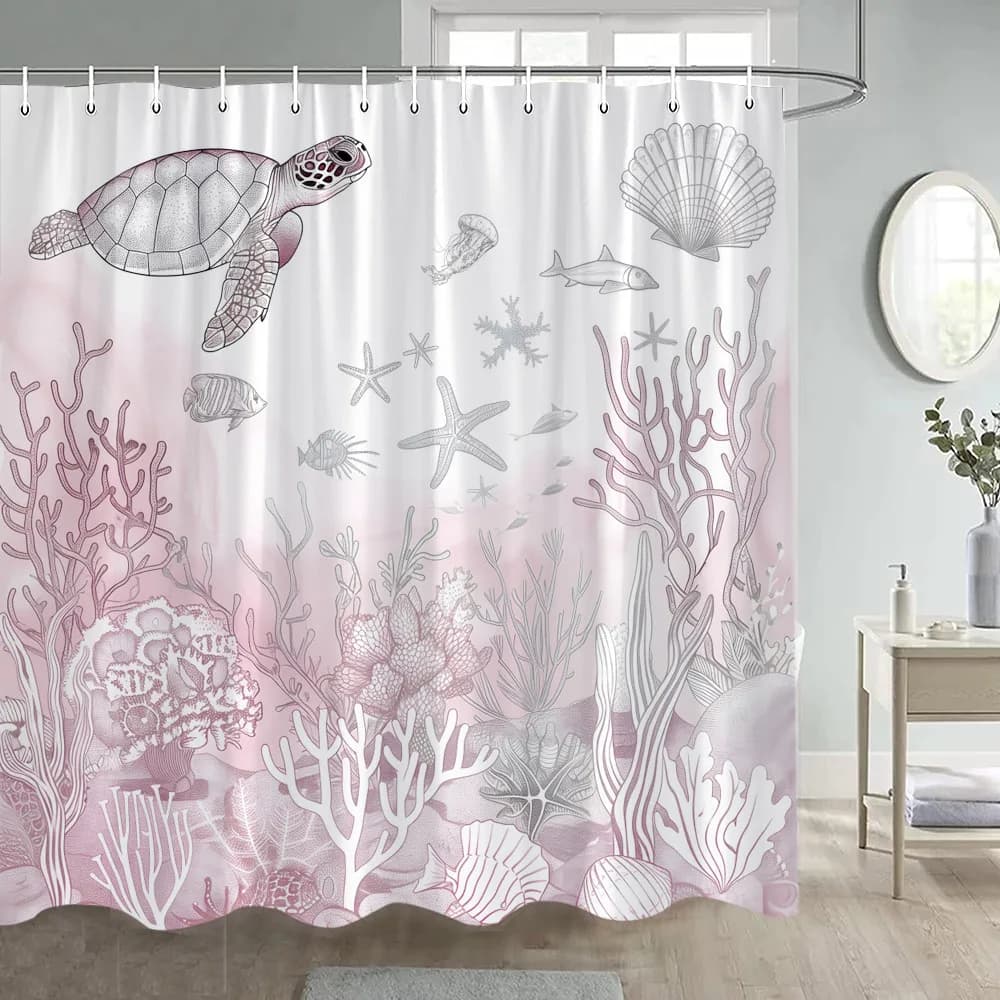 Tenda da Doccia Nautica Rosa con Tartaruga Marina, Corallo e Animali Marini, Tenda da Bagno Moderna in Poliestere con Ganci, Decorazione per la Casa