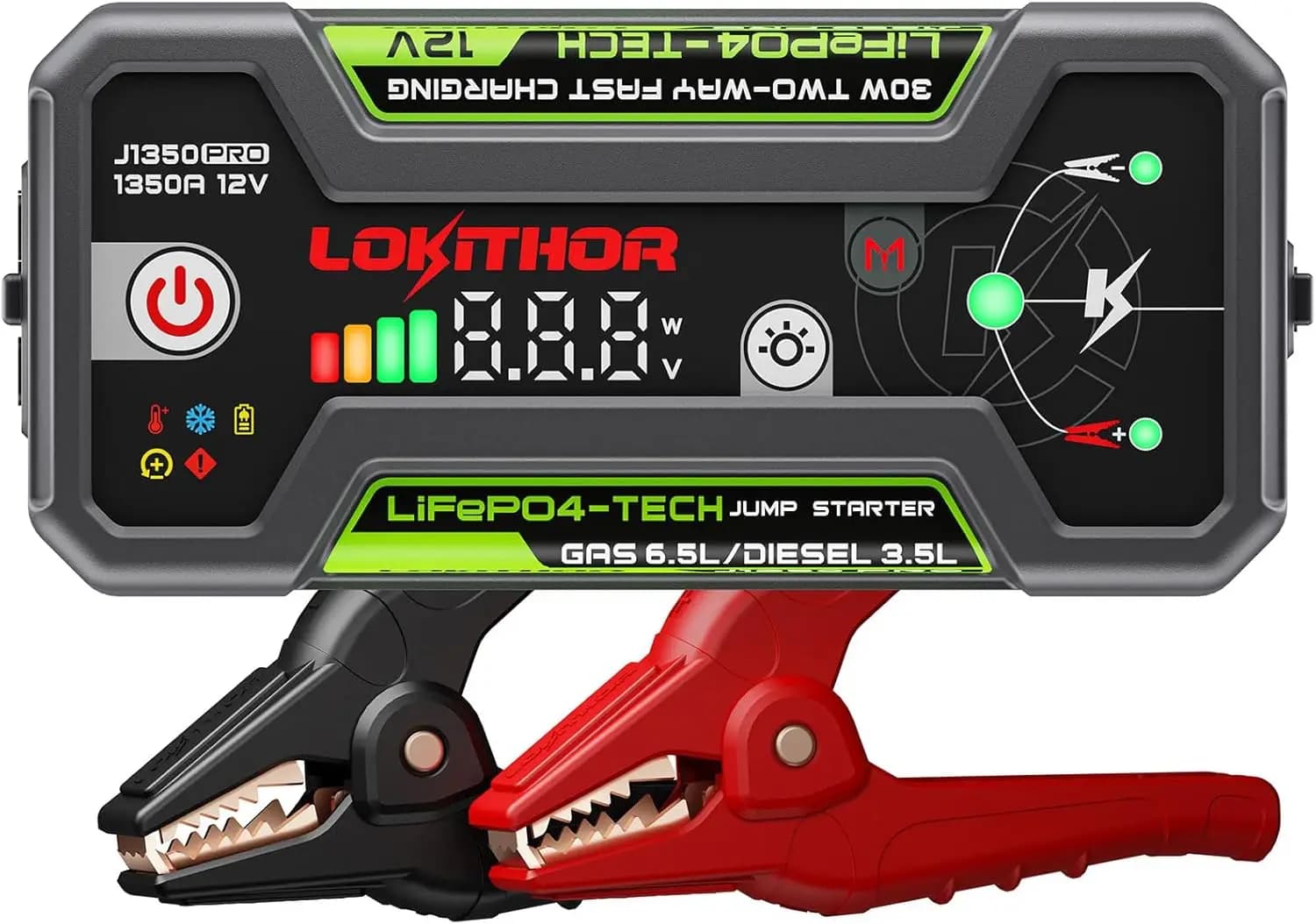 Avviatore di Emergenza LiFePO4 da 1350 Amp per Motori a Benzina 6.5L e Diesel 3.5L, Portatile con Ricarica Rapida 30W e Lunga Durata della Batteria