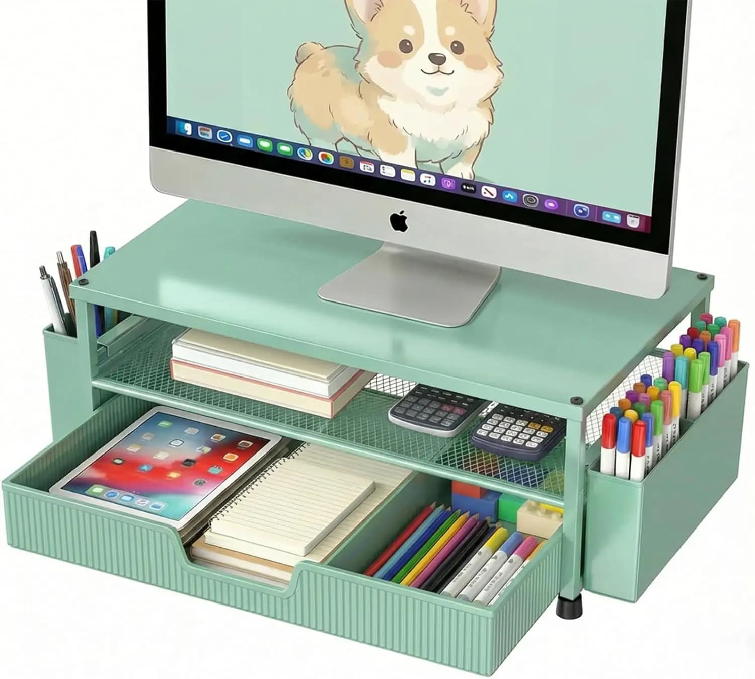 Supporto per Monitor a 2 Livelli con Cassetto e Portapenne, Resistente fino a 20 kg, Organizzatore Ergonomico da Scrivania per Casa e Ufficio (Verde)