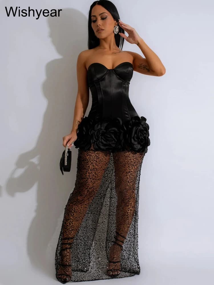 Wishyear Women‘s Strapless Mesh Stain 3D Flower Sequin Off Shoulder Split Long Dress Sexy Birthday Party Even Vestidos Luxury
