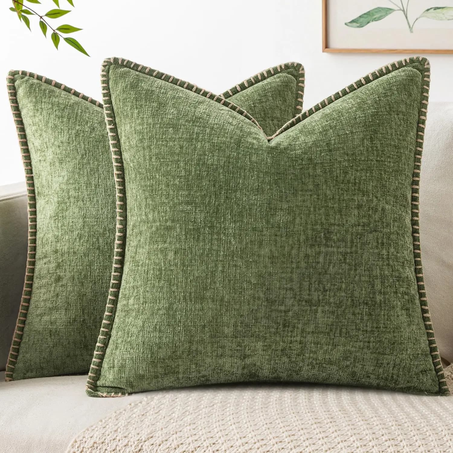 Set di 2 Federe in Ciniglia Verde Salvia, 18x18 Pollici, Stile Rustico con Bordo Cucito per Divano, Letto e Soggiorno