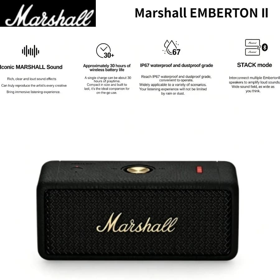 L'elegante altoparlante Bluetooth portatile Marshall Emberton II presenta il sonoro iconico di Marshall e una resistenza all'acqua IPX7.