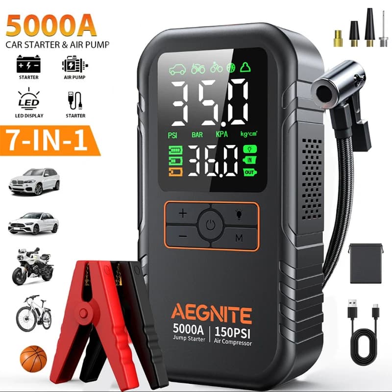 5000A Peak Jump Starter 12V with 150PSI Air Pump, 7-in-1 Car Emergency Power Pack with LED Light Fit 9.0L Gas / 6.5L Diesel Car