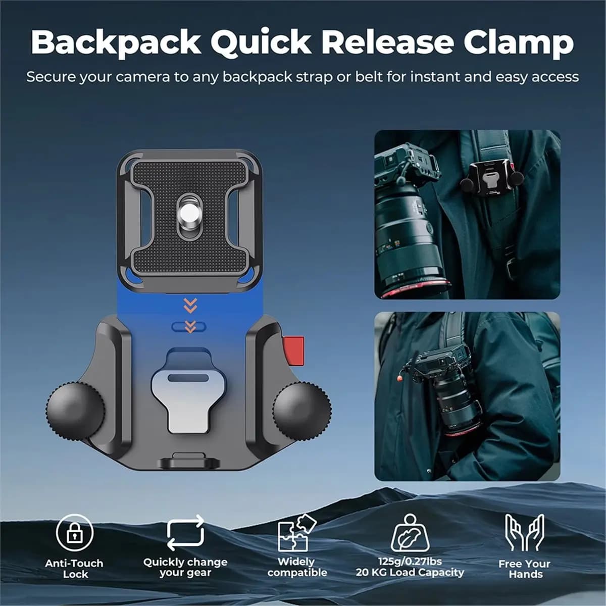 DT75BG Backpack Quick Release Clamp for DSLR Cameras with 1/4" Mount, Outdoor Photography Clip Mount