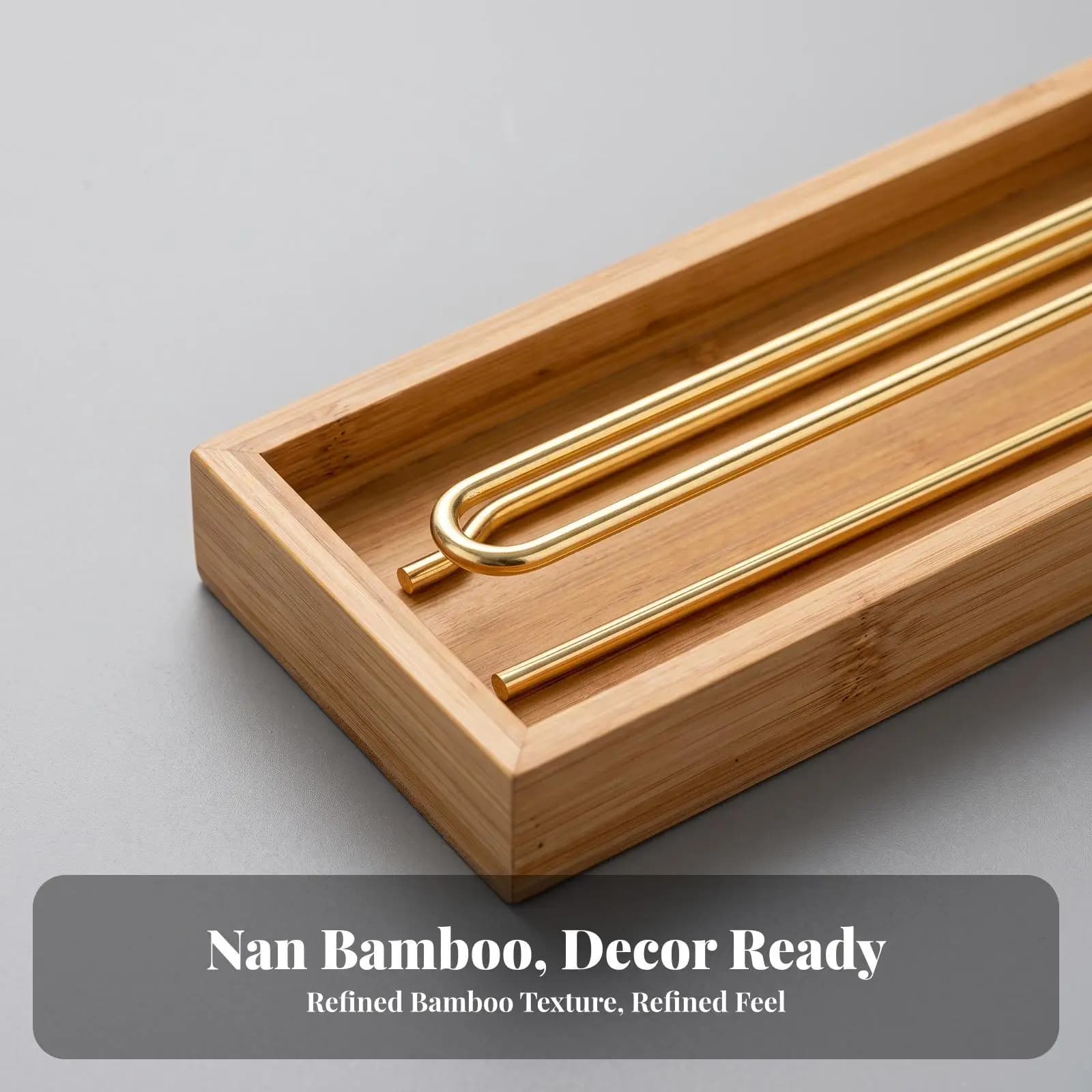 Herbal Incense Holder Tray Bamboo Finish with Gold Metal Stick Support for Desk Altar