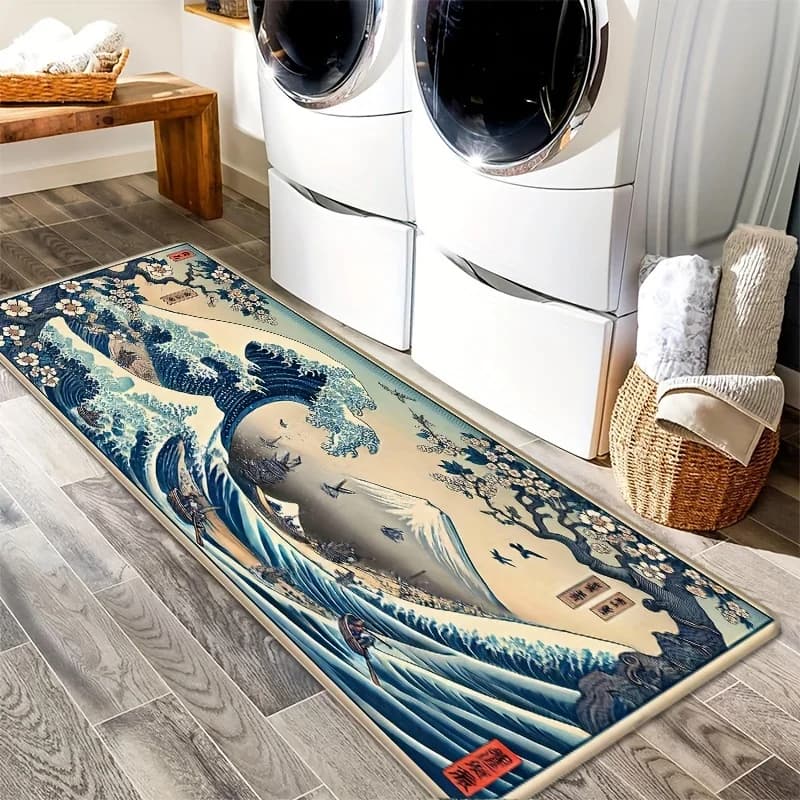 VIKAMA Retro Japanese Ukiyo-e Wave Rug Non-Slip Dirt-Resistant Carpet for Kitchen Entrance Living Room Home Decor