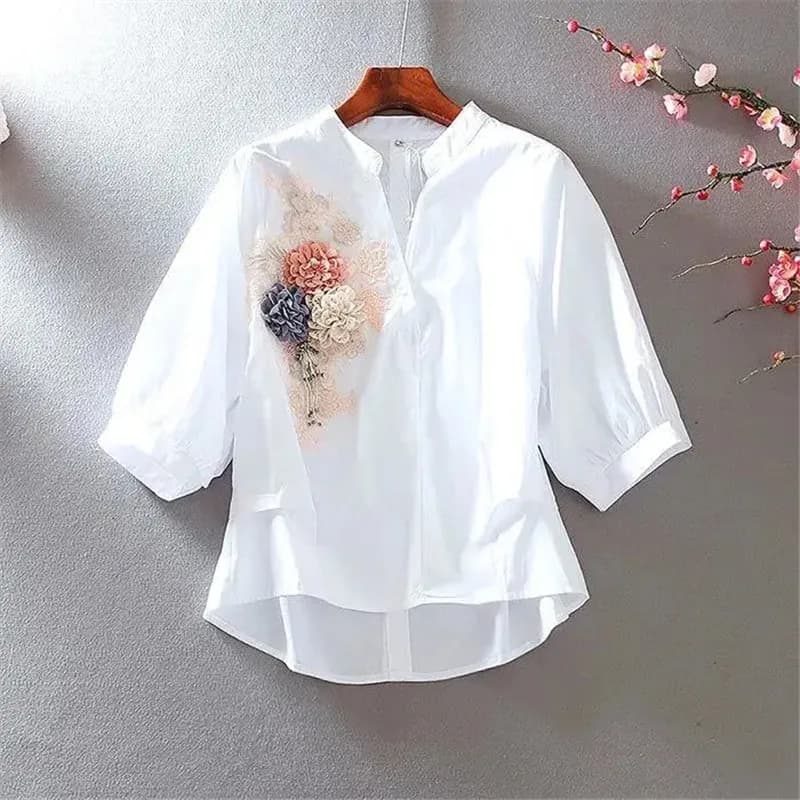 2023 spring summer new embroidery Top shirts and blouse with v-neck long sleeves for woman of large loose Casual white Blusa 4XL