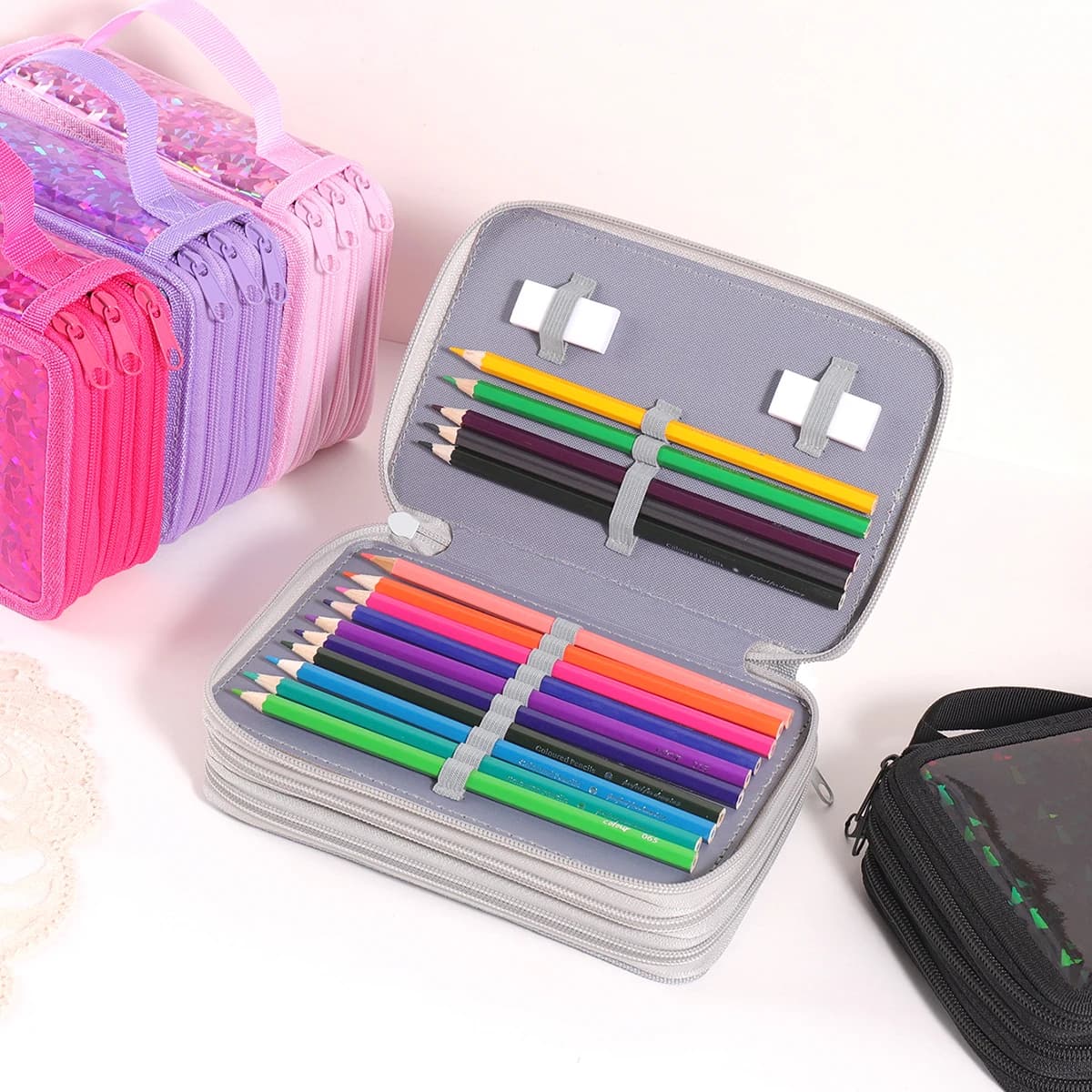Astuccio Creativo a 3 Strati con Glitter, Borsa Porta Cancelleria Grande Capacità con Cerniera per Ragazze, Organizer da Scrivania Portatile, Regalo