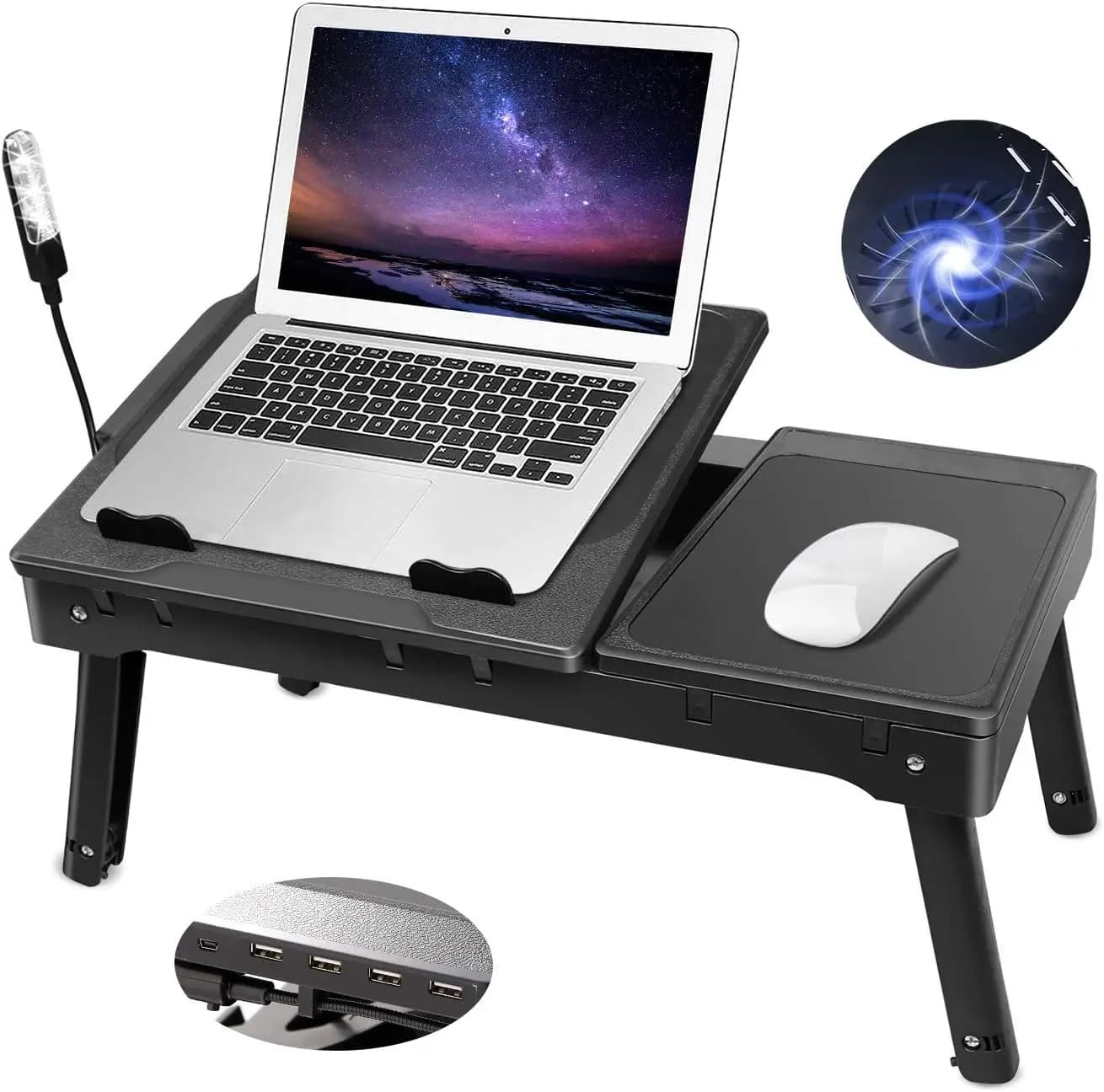 Adjustable laptop support with cooling fan, USB hub, LED light and storage – folding desk for home and office