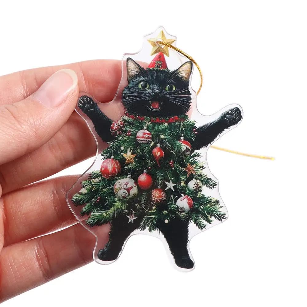 Ciondolo Natalizio 2D a Forma di Gatto in Acrilico, Decorazione per Albero di Natale, Ciondolo Gatto Nero, Ornamento per Auto, Regalo di Capodanno