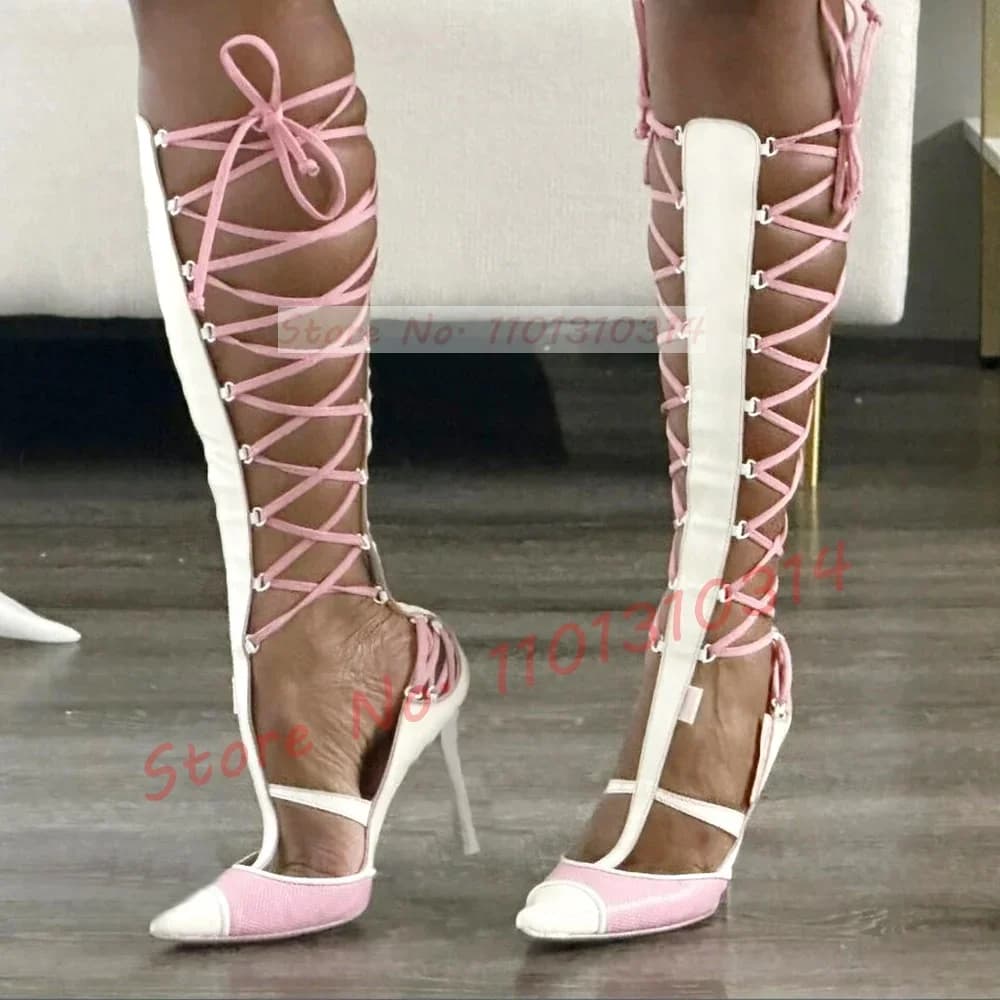 Sandali con tacco alto bianco con spalline rosa donna eleganti scarpe stringate con punta a punta Lady Sweet Multicolor Gladiator Puttee sandali lunghi