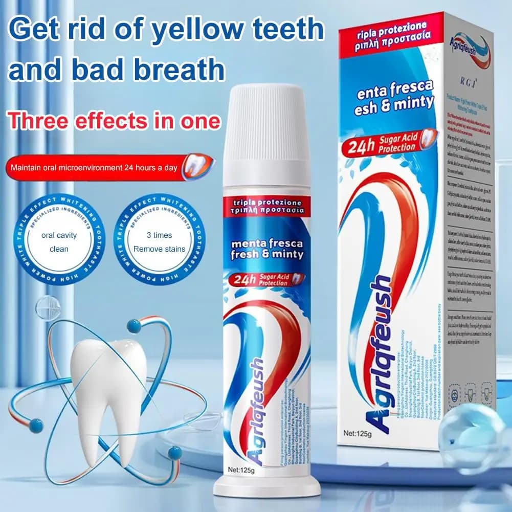 Dentifricio Fresh Breath da 125g con ingredienti vegetali naturali, sbianca i denti, ripara le carie, rimuove la placca, deterge in profondità e purifica l'alito.