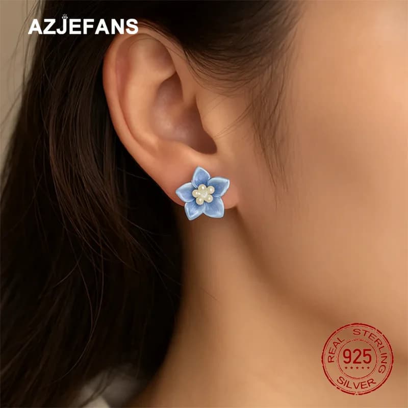AZJEFANS 925 Sterling Silver Cute Blue Flower Stud Earrings Fine Jewelry