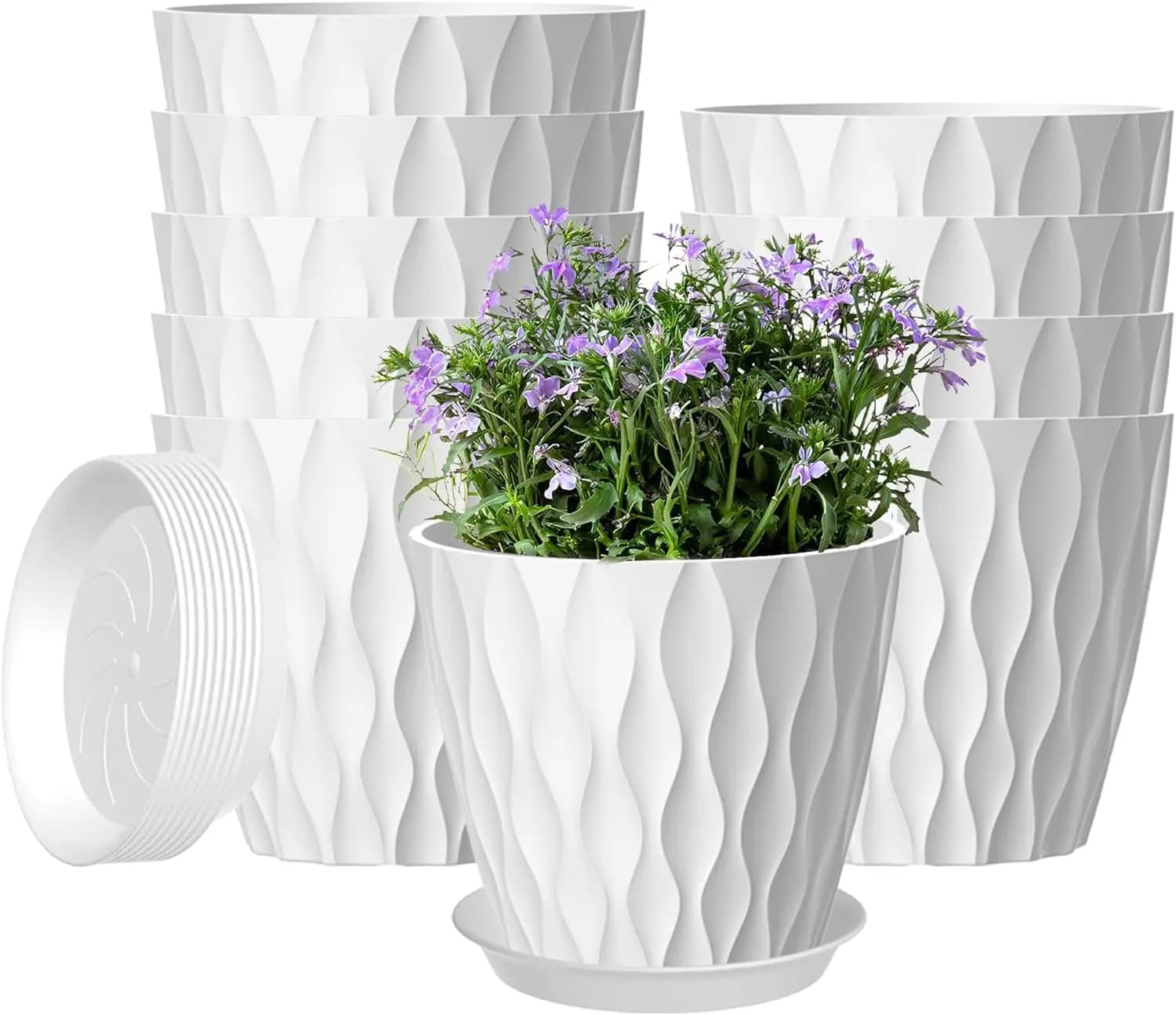 Set di 10 Vasi per Piante da 5 Pollici con Drenaggio e Sottovasi, Vasi in Plastica Bianca per Interni ed Esterni, Fioriere Impilabili