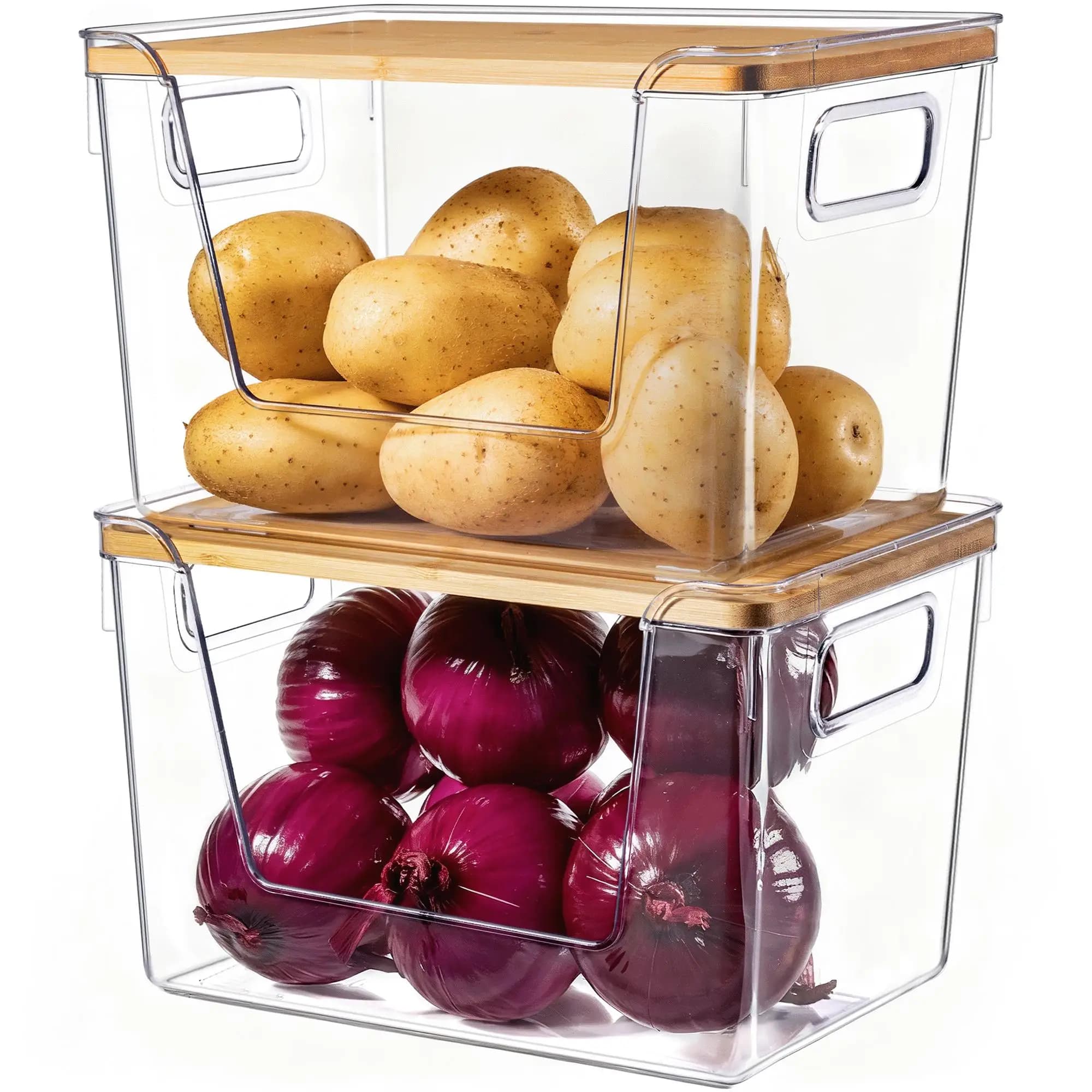 Transparent Plastic Food Storage Containers with Wooden Lids Airtight Kitchen Canisters Stackable Cube Boxes Pantry Fridge Organizer for Fruits Vegetables Dry Food Cereal Fresh Keeping Jars