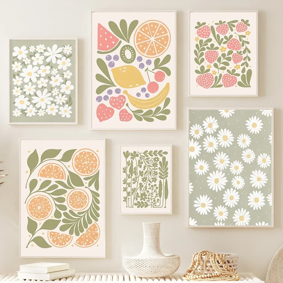 (No frame)(No frame)Boho Minimalist Wall Art Abstract Flower Leaf Fruit Canvas Painting Nordic Poster Print Pictures Living R