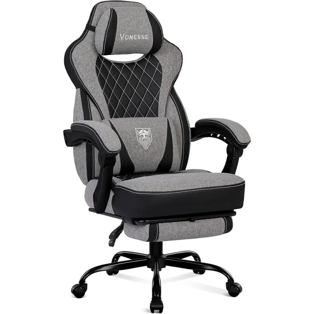 Sedia da Gaming Reclinabile in Tessuto Grigio per Adulti fino a 113 kg con Poggiapiedi e Supporto Lombare Massaggiante
