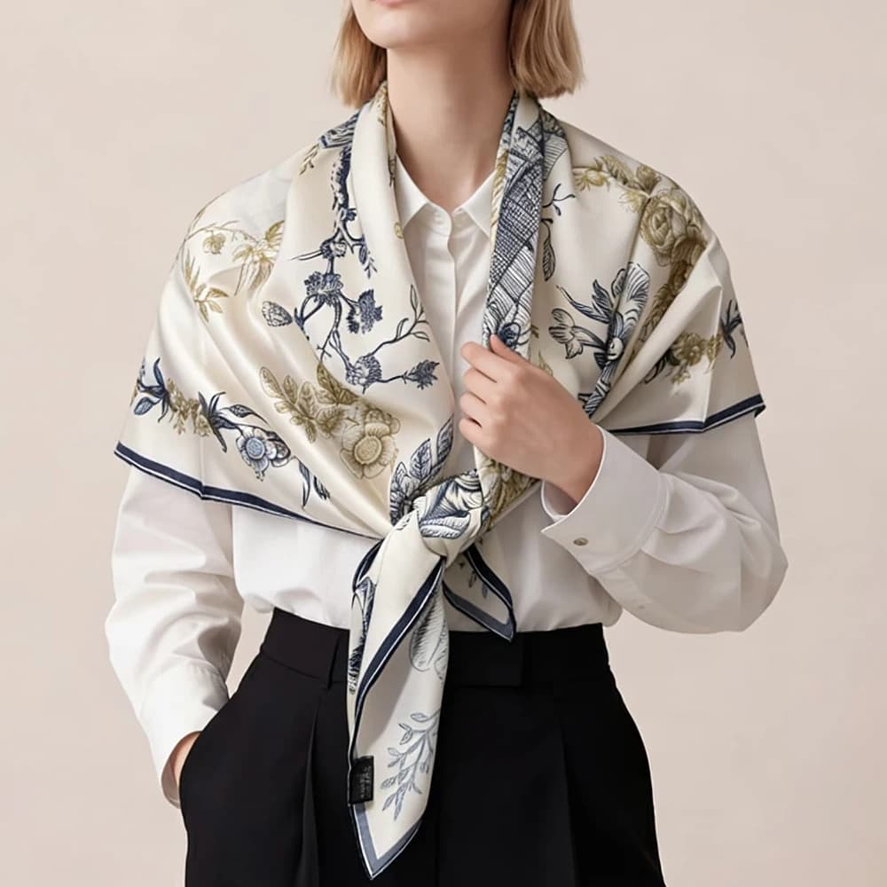 [BYSIFA] Sciarpa in Seta 100% Blu e Bianca per Donne, Nuova Collezione Primavera-Autunno, Foulard Quadrato, Copricapo Invernale, Bufandas