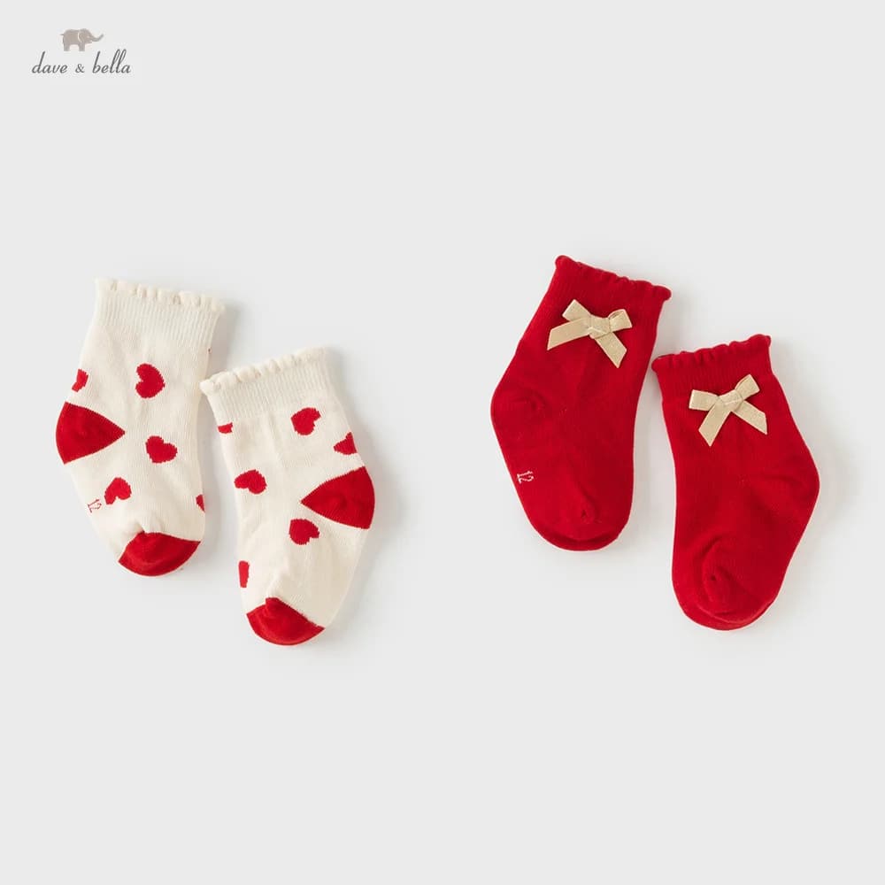 Dave Bella Girls Socks Autumn Winter Elastic Socks for Kids Two pairs Set Butterfly Flame Love Pattern Soft and thick Socks DB4254333