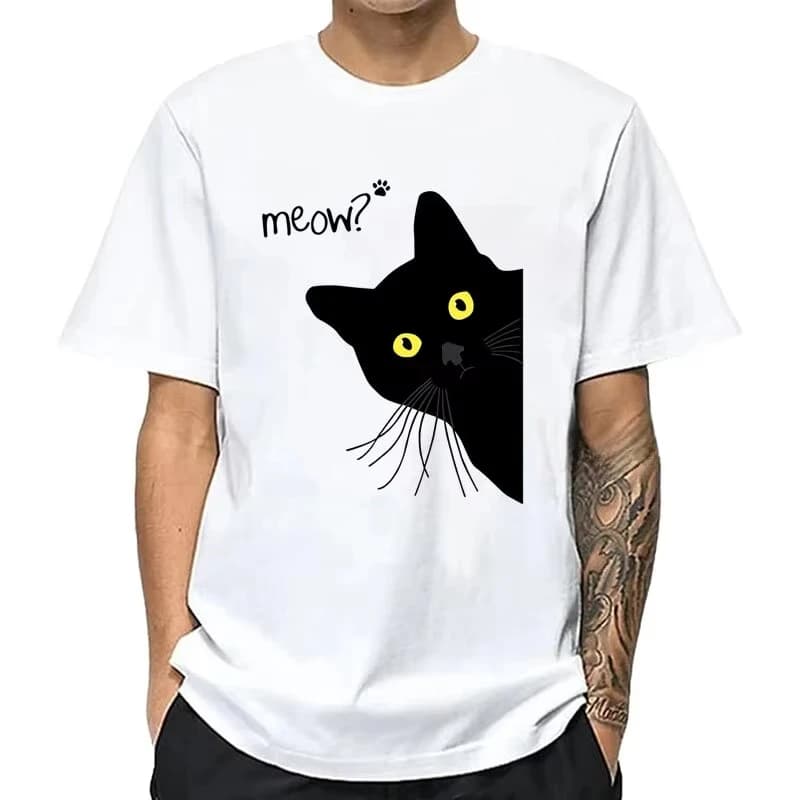 T-shirt casual da uomo a girocollo, a maniche corte, 100% cotone puro, estiva, con stampa gatto nero