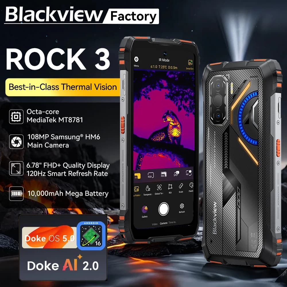 Blackview ROCK 3, smartphone rugged con display 2.4K da 6,78'', termocamera, 24 GB (8+16) + 256 GB, batteria da 10000 mAh, fotocamera da 108 MP, intelligenza artificiale, Android 15 e NFC.