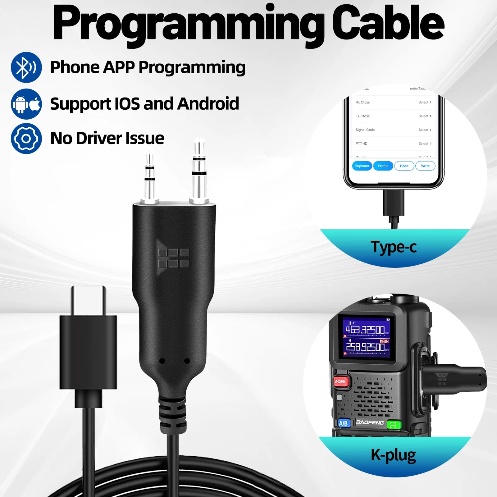 ABBREE Programming Cable for iOS and Android Phones, No Driver Problems, Quick Programming Speed, Type K Connector for 2 Pin Door for Walkie Talkie